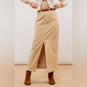Denim Beige Hem Split Maxi Skirt